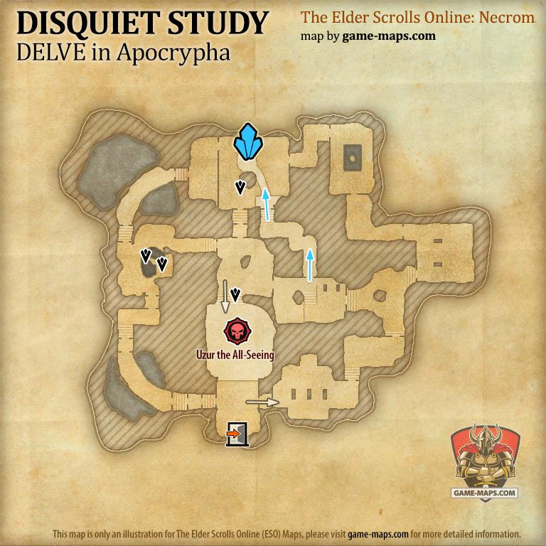 ESO Disquiet Study Delve Map with Skyshard and Boss location in Apocrypha (Necrom)