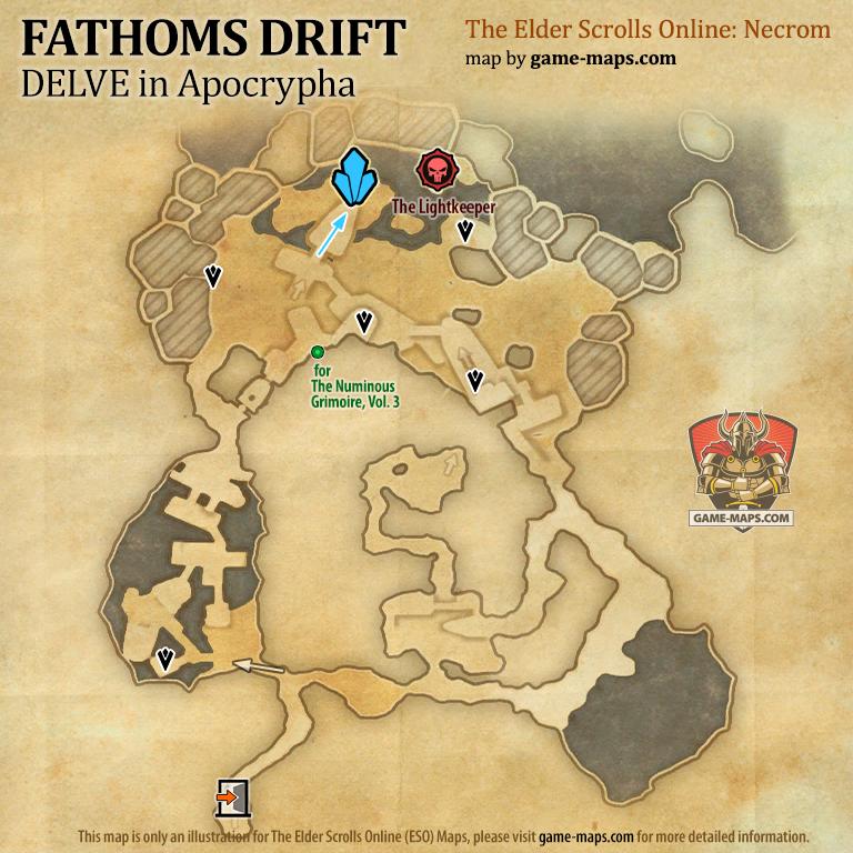 ESO Fathoms Drift Delve Map with Skyshard and Boss location in Apocrypha (Necrom)