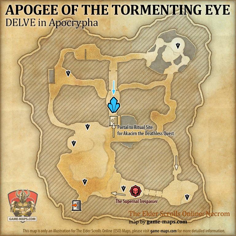 ESO Apogee of the Tormenting Eye Delve Map with Skyshard and Boss location in Apocrypha (Necrom)