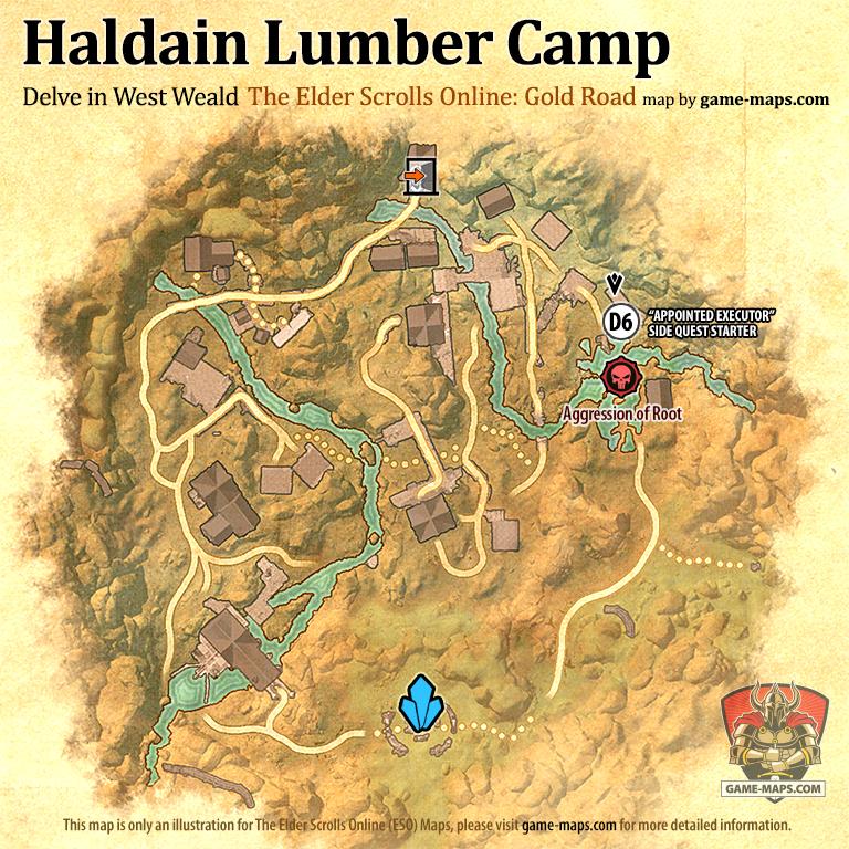 ESO Haldain Lumber Camp Delve Map with Skyshard and Boss location in West Weald (Gold Road)