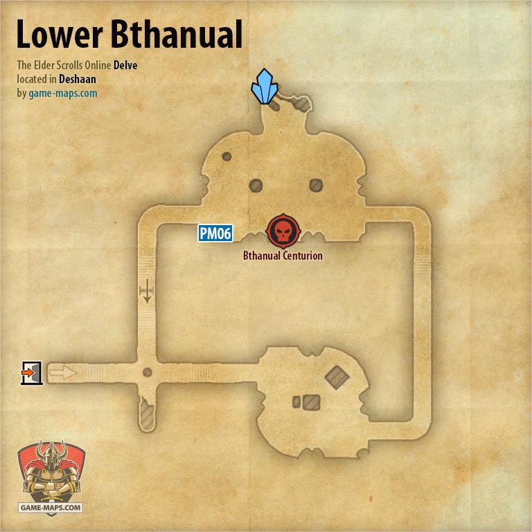 ESO Lower Bthanual Delve Map with Skyshard and Boss location in Deshaan