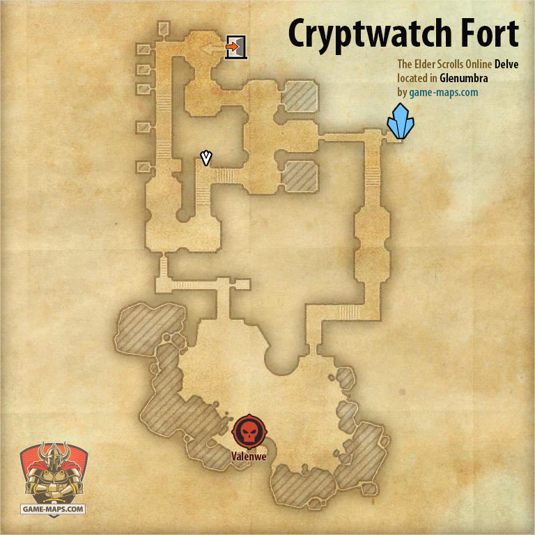 ESO Cryptwatch Fort Delve Map with Skyshard and Boss location in Glenumbra