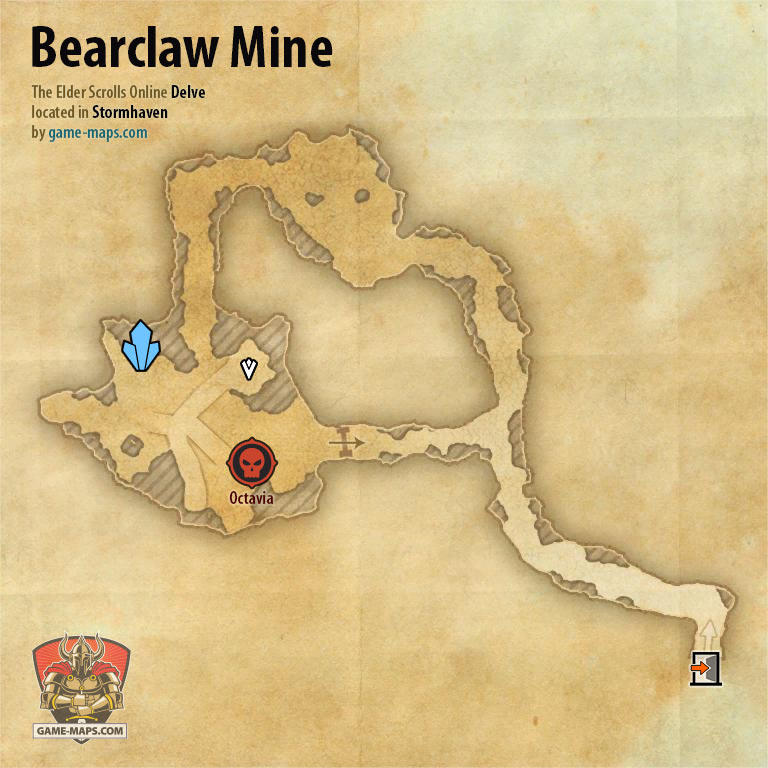 ESO Bearclaw Mine Delve Map with Skyshard and Boss location in Stormhaven