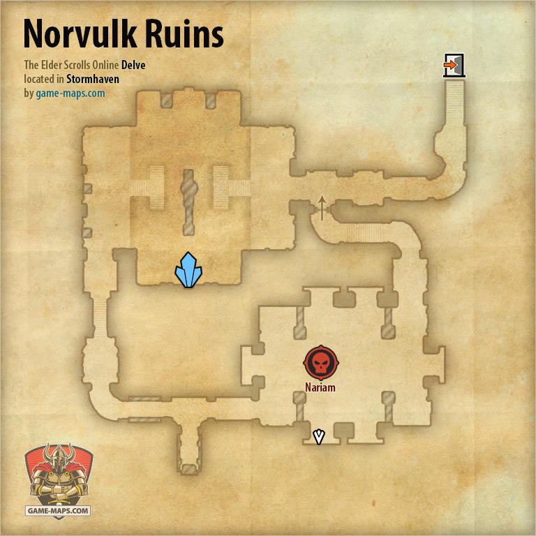 ESO Norvulk Ruins Delve Map with Skyshard and Boss location in Stormhaven