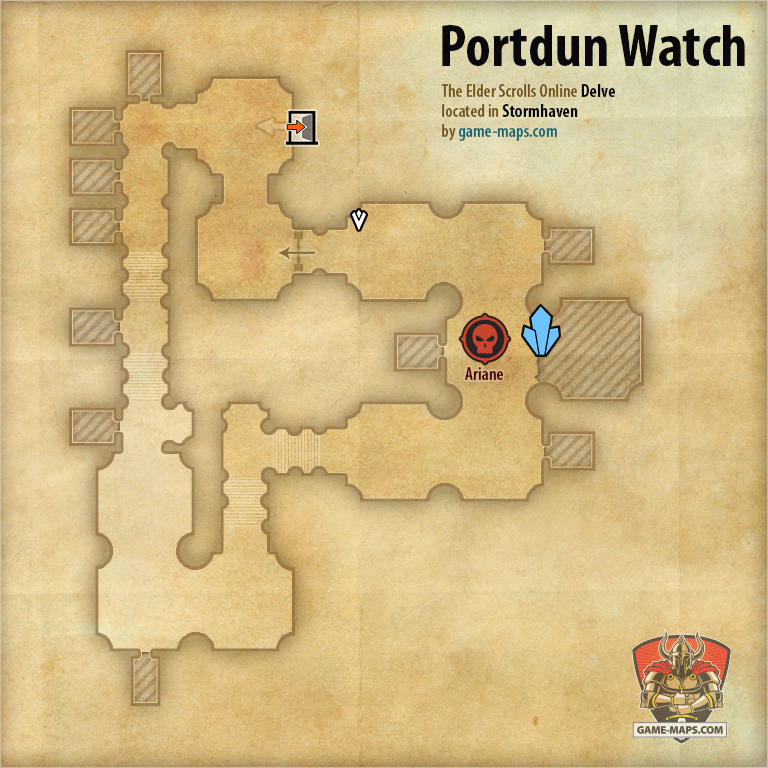 ESO Portdun Watch Delve Map with Skyshard and Boss location in Stormhaven