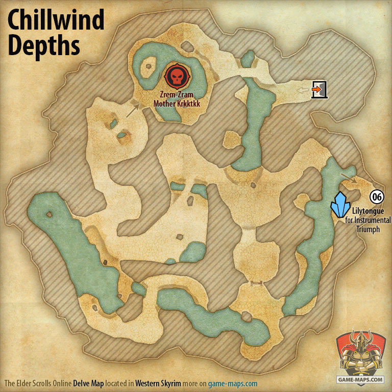 ESO Chillwind Depths Delve Map with Skyshard and Boss location in Western Skyrim
