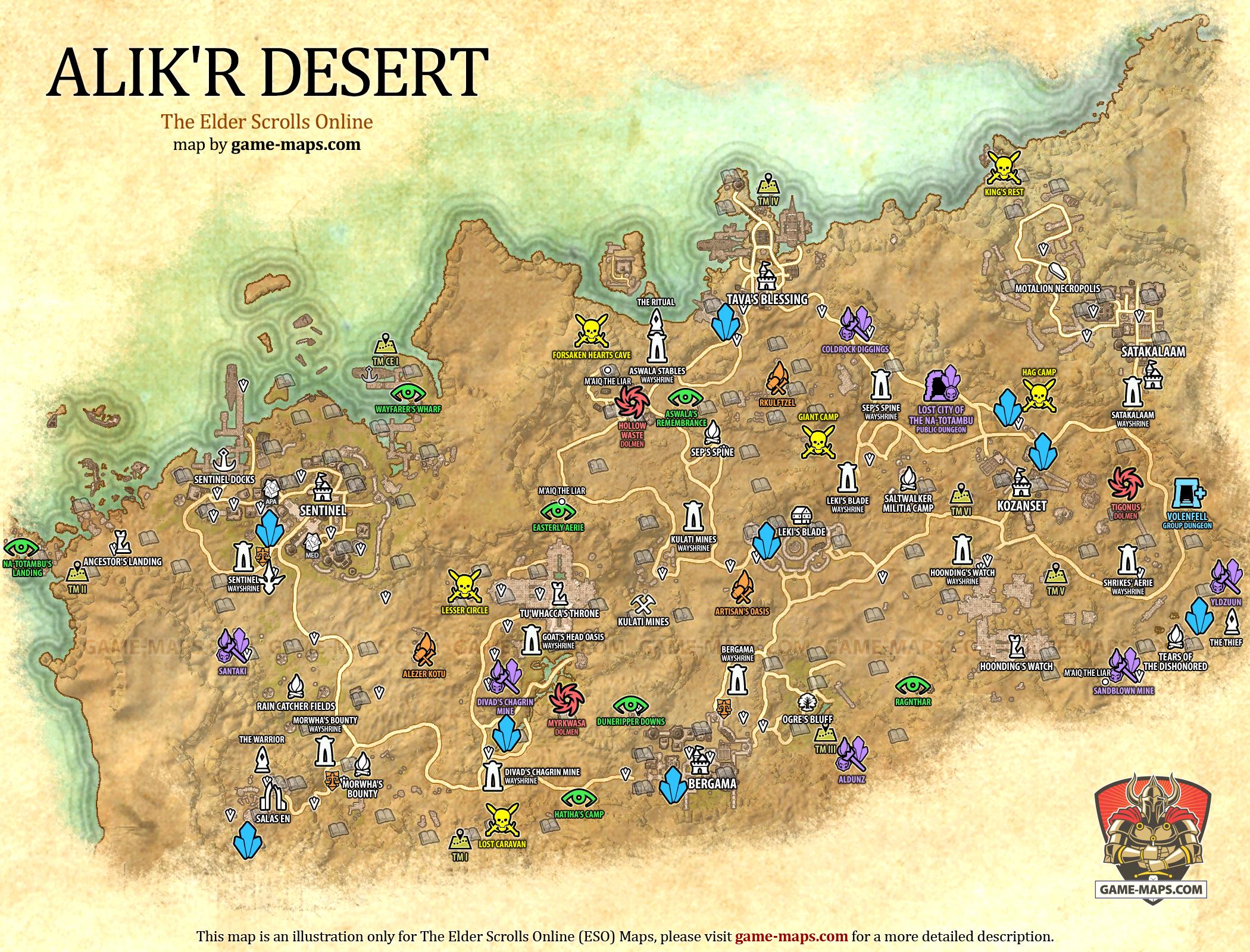 Alik'r Desert Map for The Elder Scrolls Online, Base Alliance Zone (ESO).