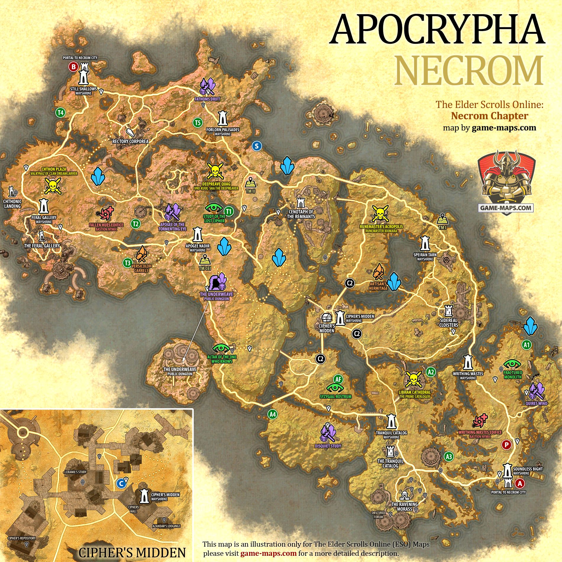 Apocrypha Map for The Elder Scrolls Online: Necrom Chapter, The Shadow Over Morrowind 2023 Adventure (ESO).