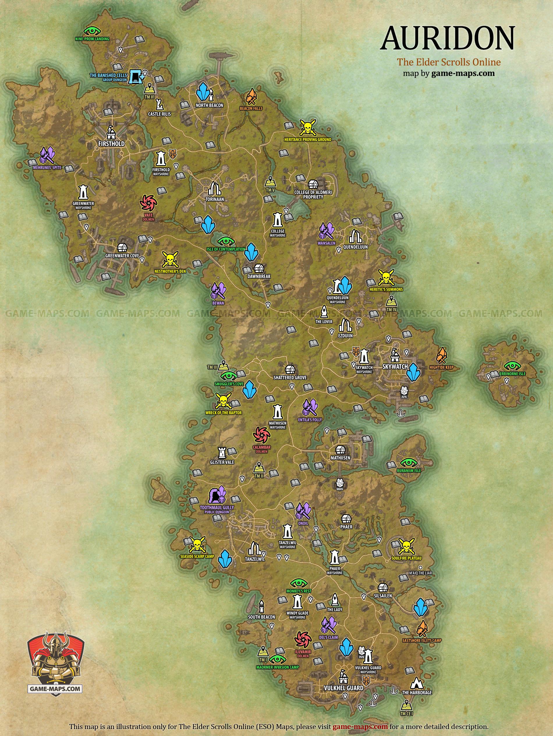 Auridon Map for The Elder Scrolls Online, Base Alliance Zone (ESO).