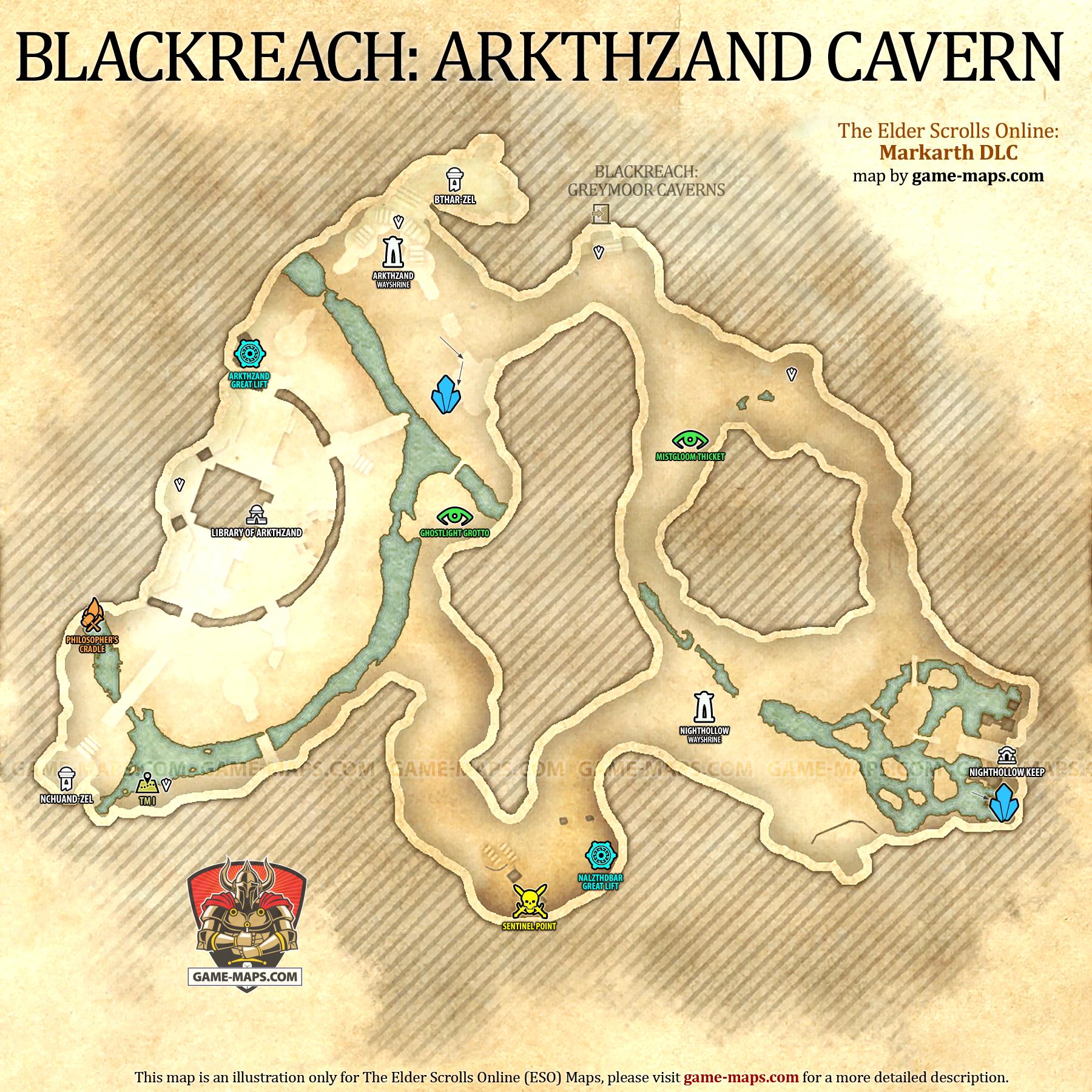Blackreach: Arkthzand Cavern Map for The Elder Scrolls Online: Markarth DLC, Dark Heart of Skyrim - 2020 Adventure (ESO).
