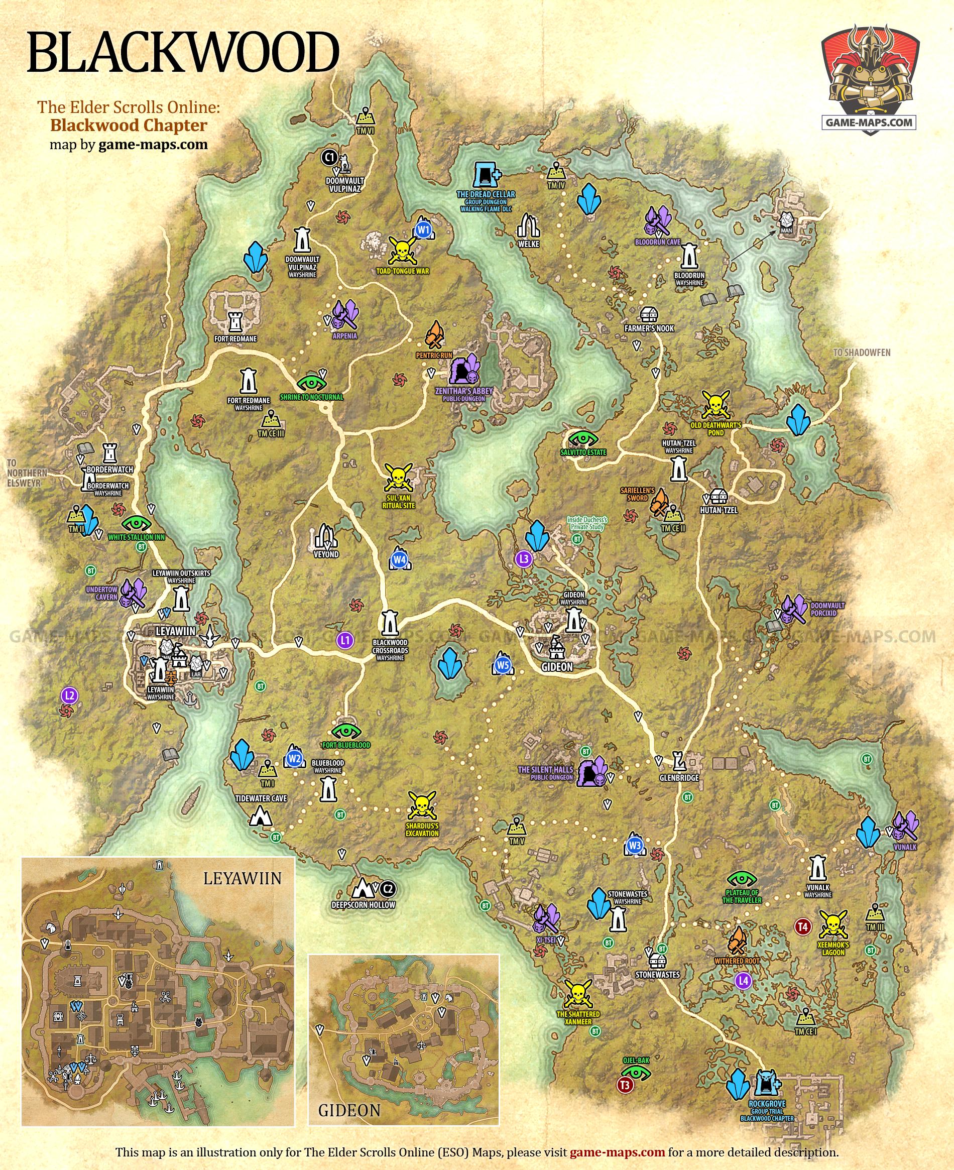 Blackwood Map for The Elder Scrolls Online: Blackwood Chapter, The Gates of Oblivion 2021 Adventure (ESO).