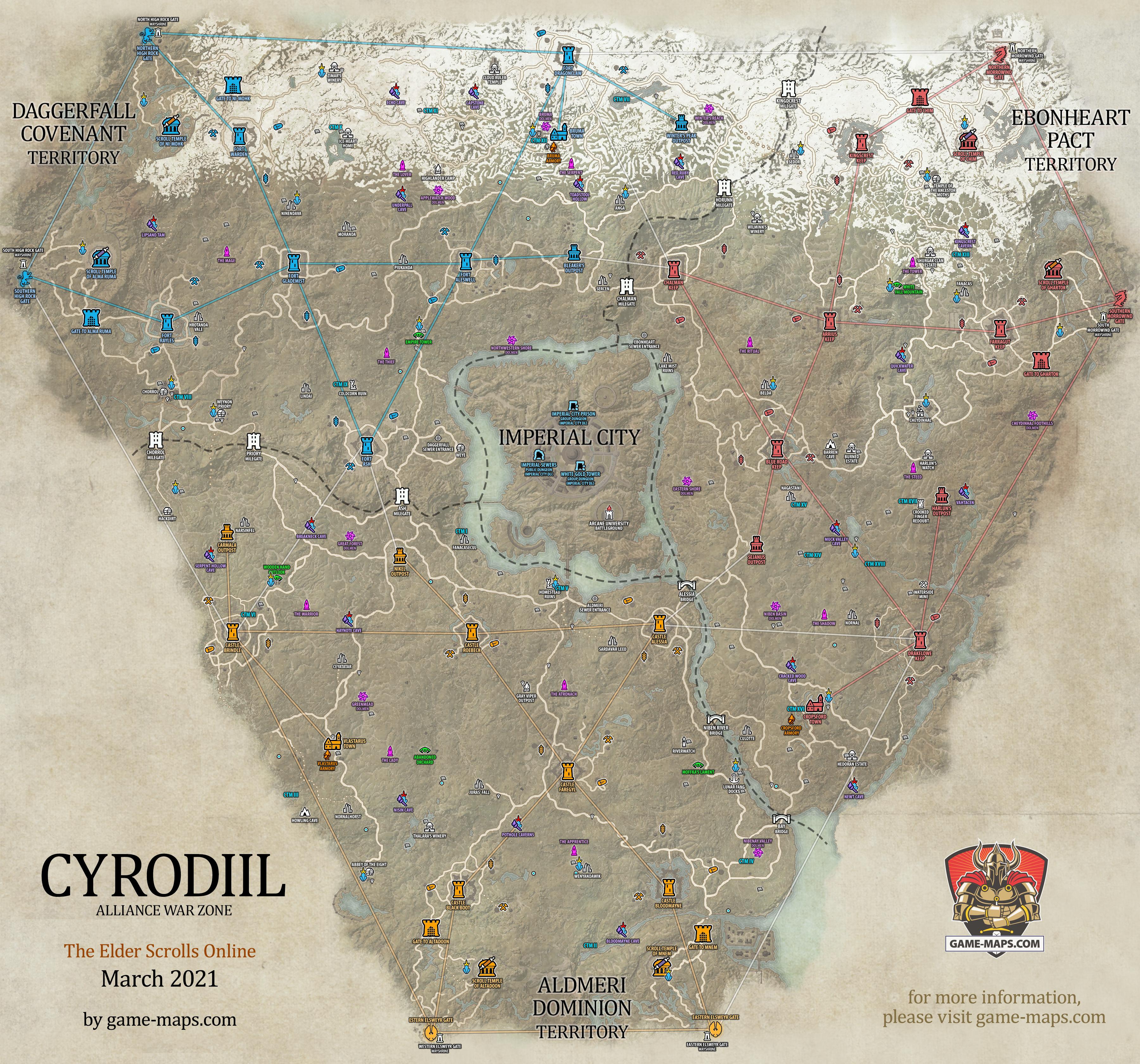Cyrodiil Map for The Elder Scrolls Online, Alliance War (PvP) (ESO).