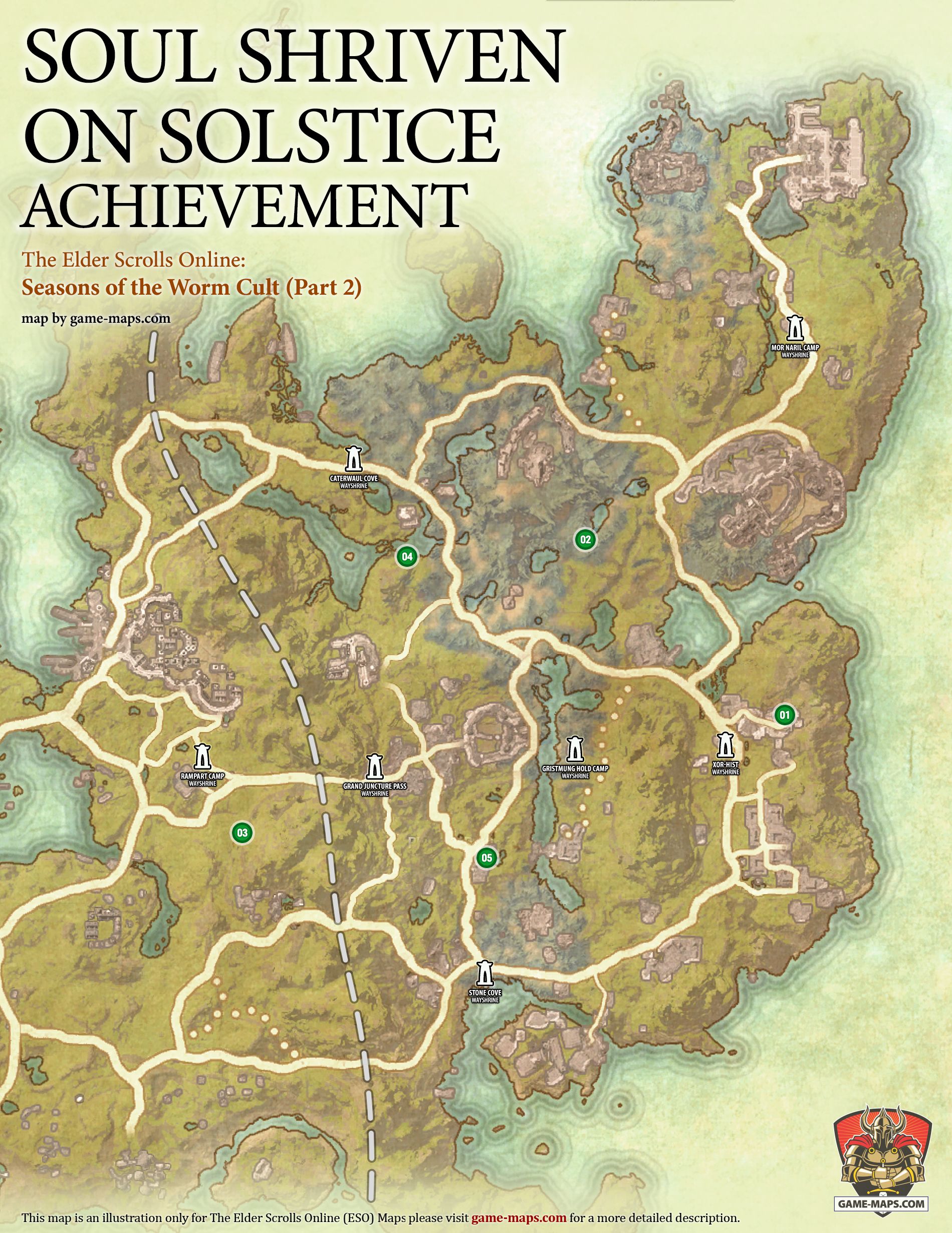 Soul Shriven on Solstice Achievement Map Location map of all Soul Shriven wanderers for Soul Shriven on Solstice Achievement in The Elder Scrolls Online: Seasons of the Worm Cult