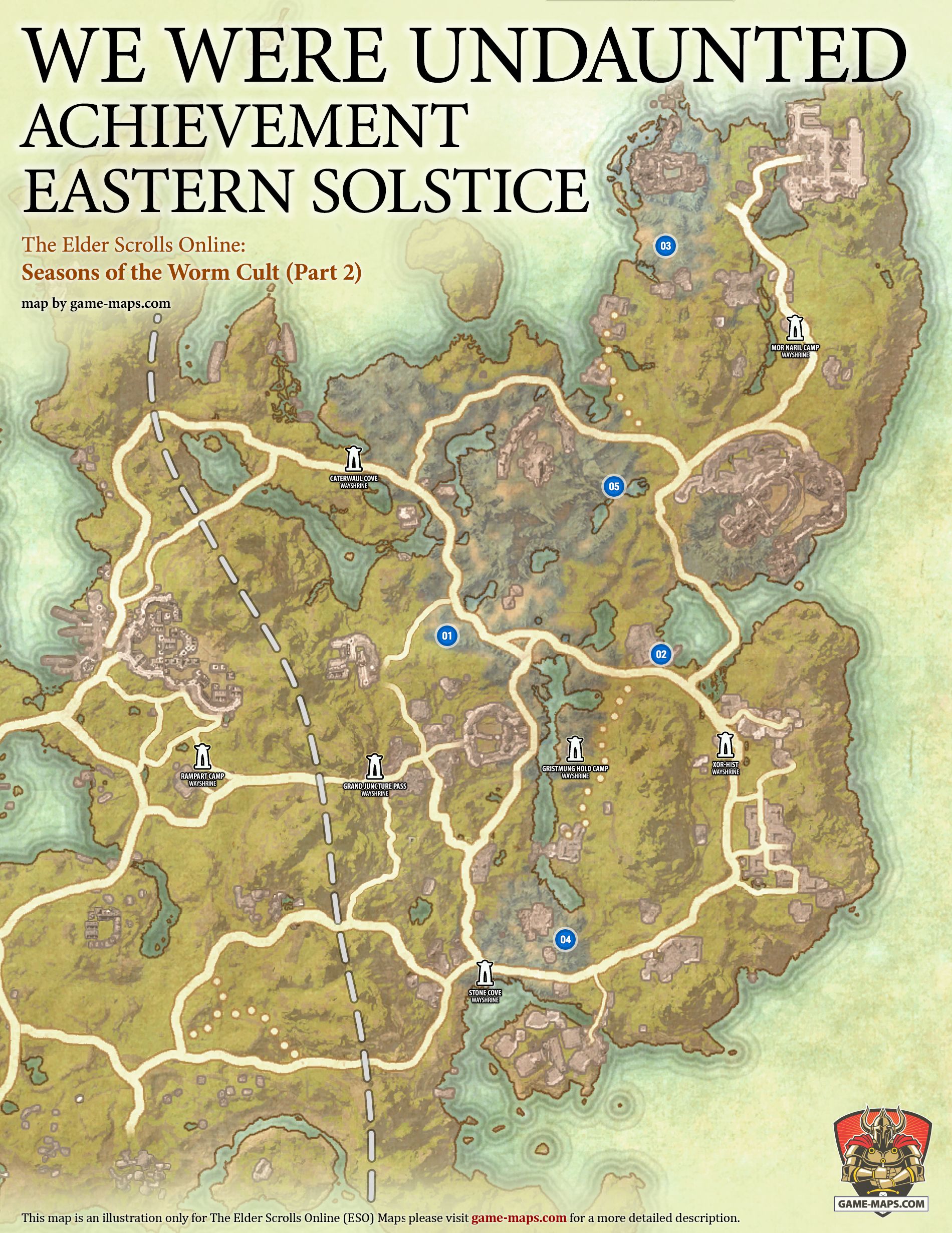 Location map of all trapped Undaunted heroes for We Were Undaunted Achievement in The Elder Scrolls Online: Seasons of the Worm Cult