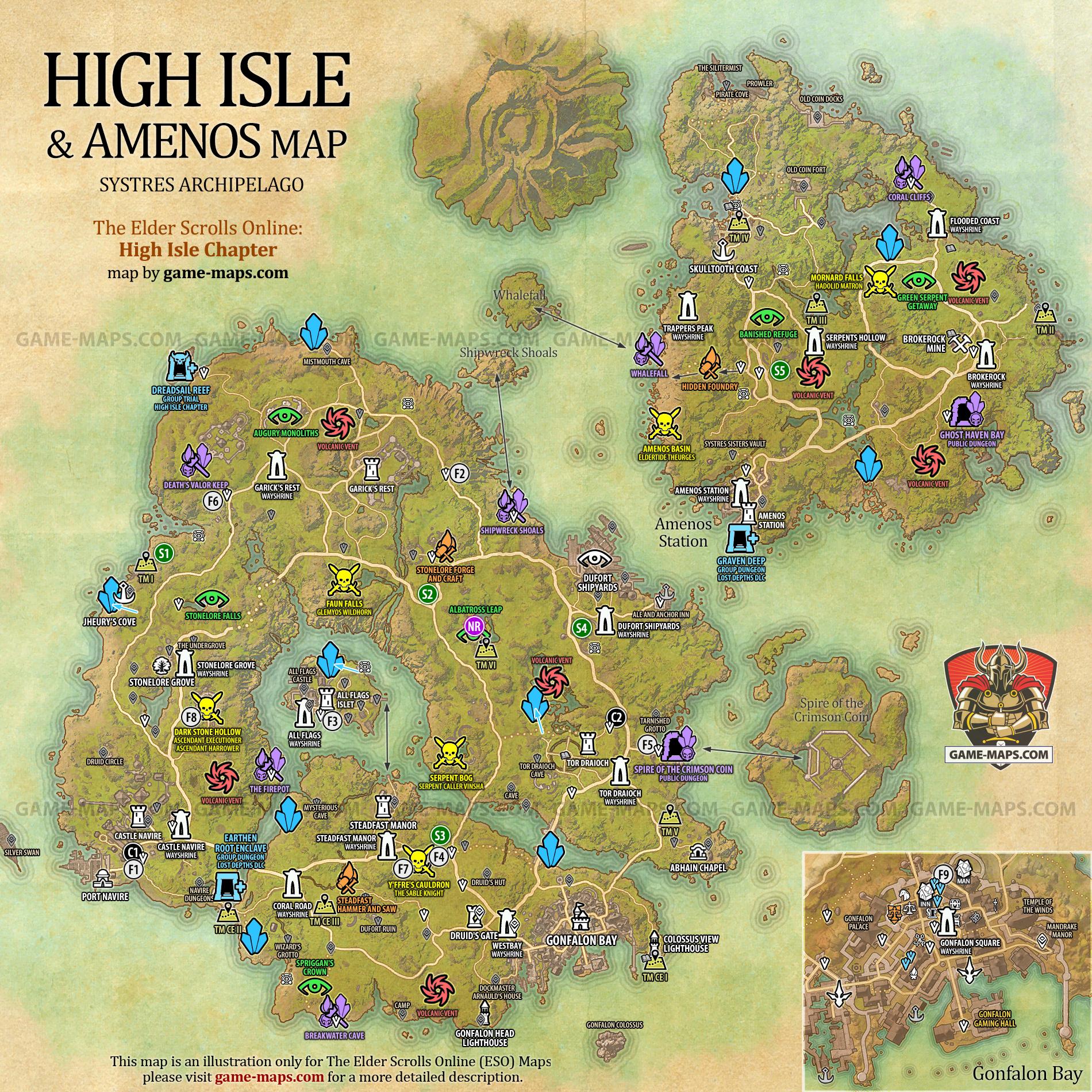 High Isle & Amenos Map for The Elder Scrolls Online: High Isle Chapter, Legacy of the Bretons 2022 Adventure (ESO).