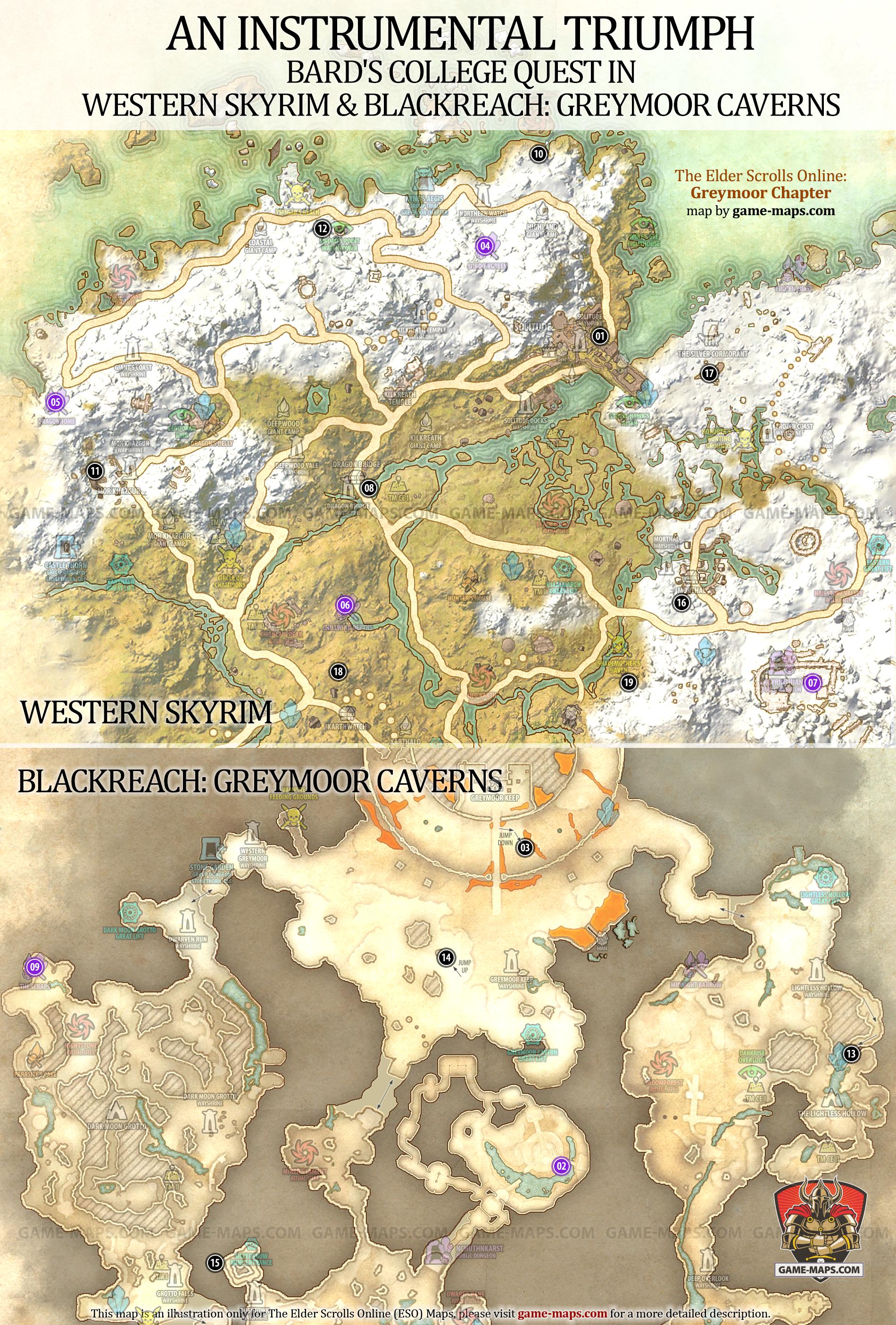 Location of missing musical instruments in ESO for An Instrumental Triumph Achievement and Solitude Bard's College Quest in Western Skyrim.