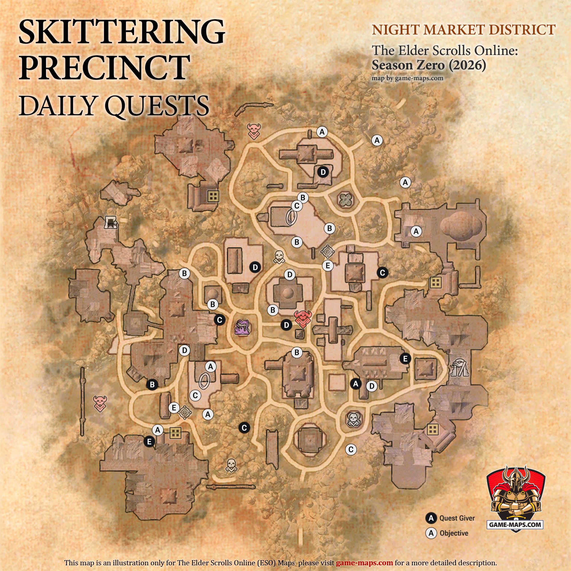 Skittering Precinct Map - Daily Quests in Night Market, ESO Season Zero (2026) for The Elder Scrolls Online (ESO).