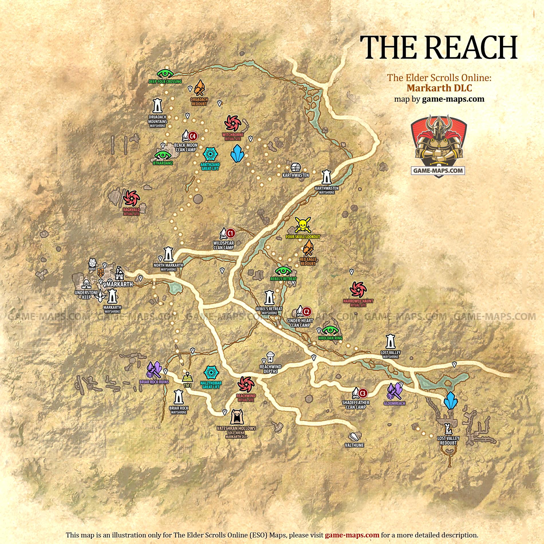 The Reach Map for The Elder Scrolls Online: Markarth DLC, Dark Heart of Skyrim - 2020 Adventure (ESO).