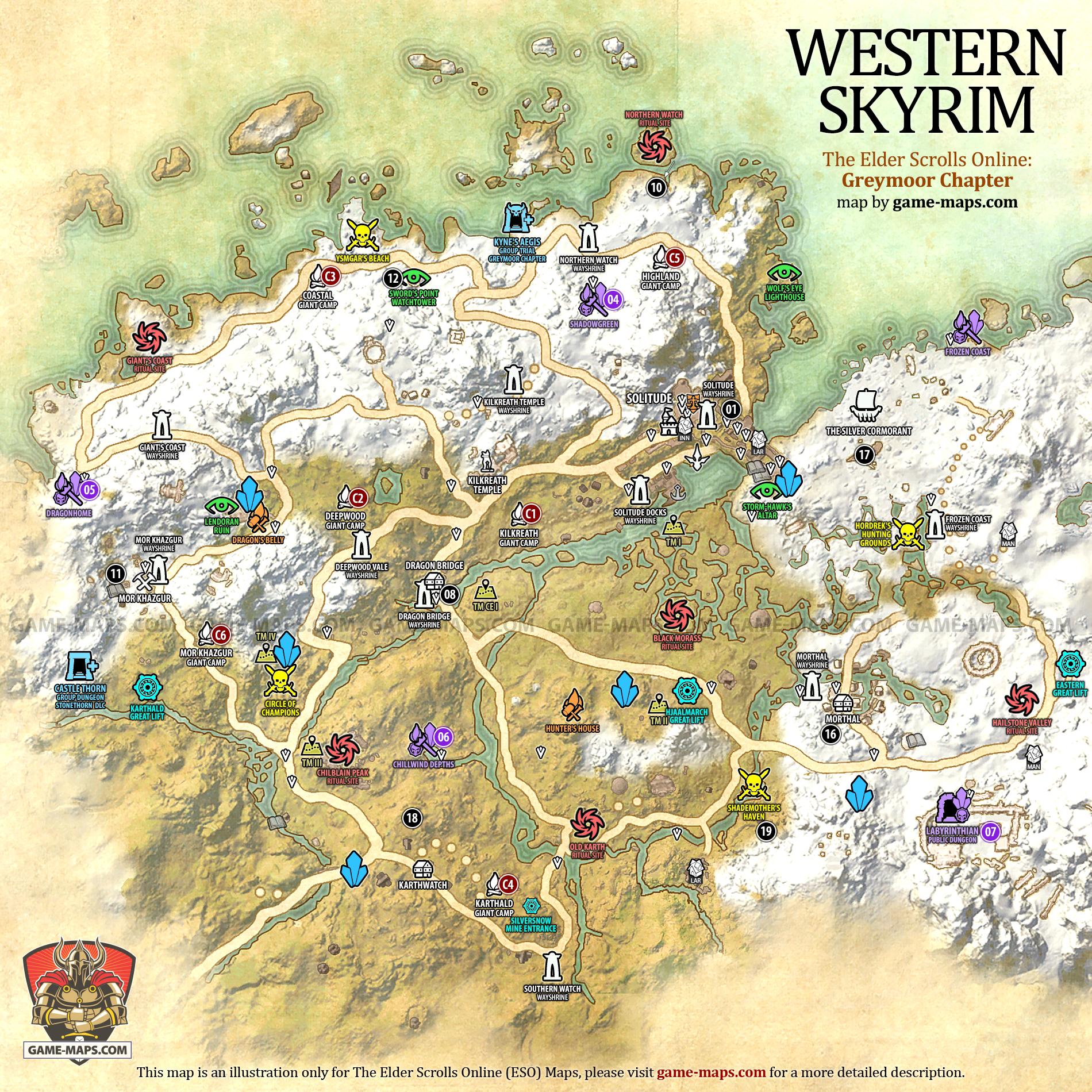 Western Skyrim Map for The Elder Scrolls Online: Greymoor Chapter, Dark Heart of Skyrim 2020 Adventure (ESO).