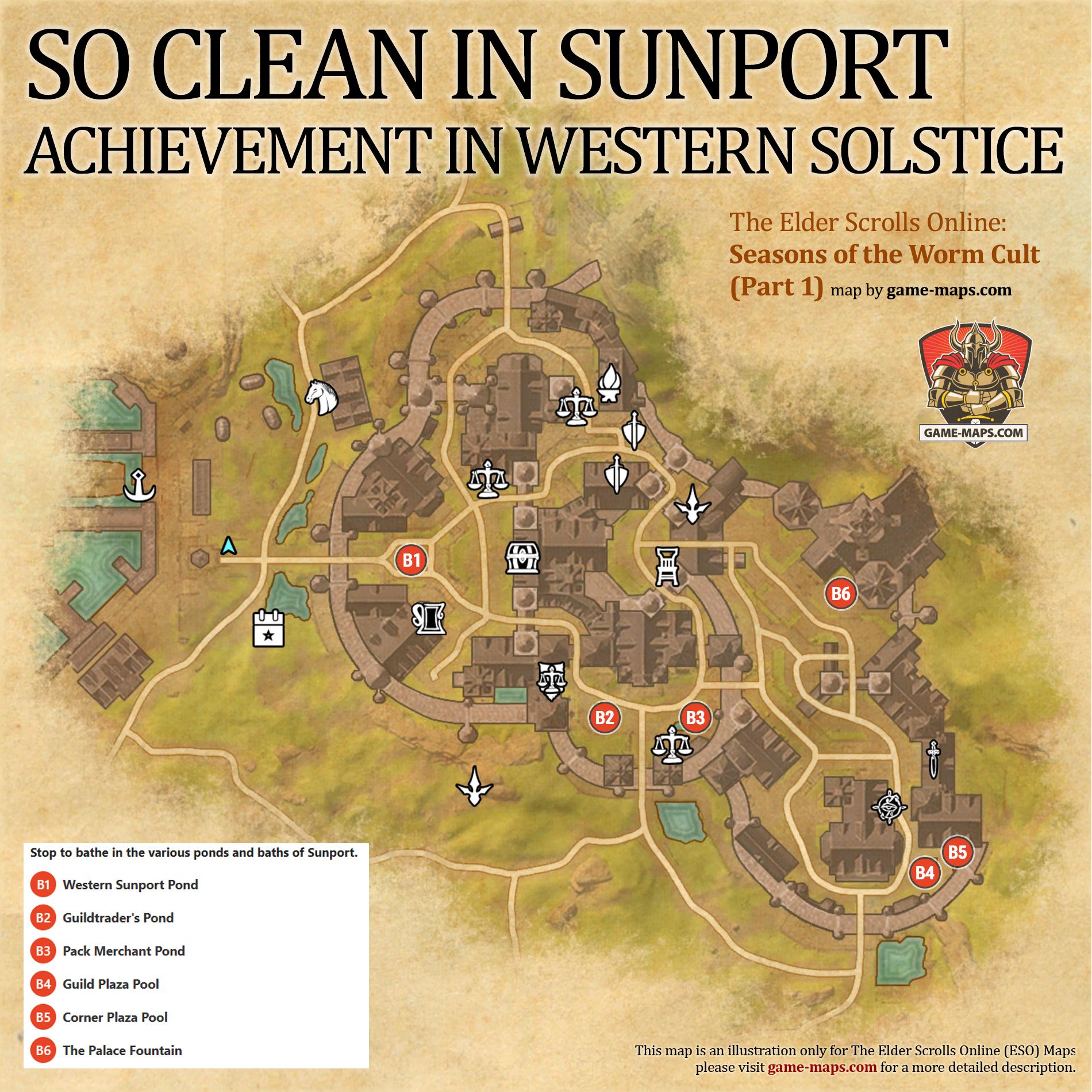 So Clean in Sunport Achievement Map Location map of all ponds and baths in Sunport for So Clean in Sunport Achievement in The Elder Scrolls Online: Seasons of the Worm Cult