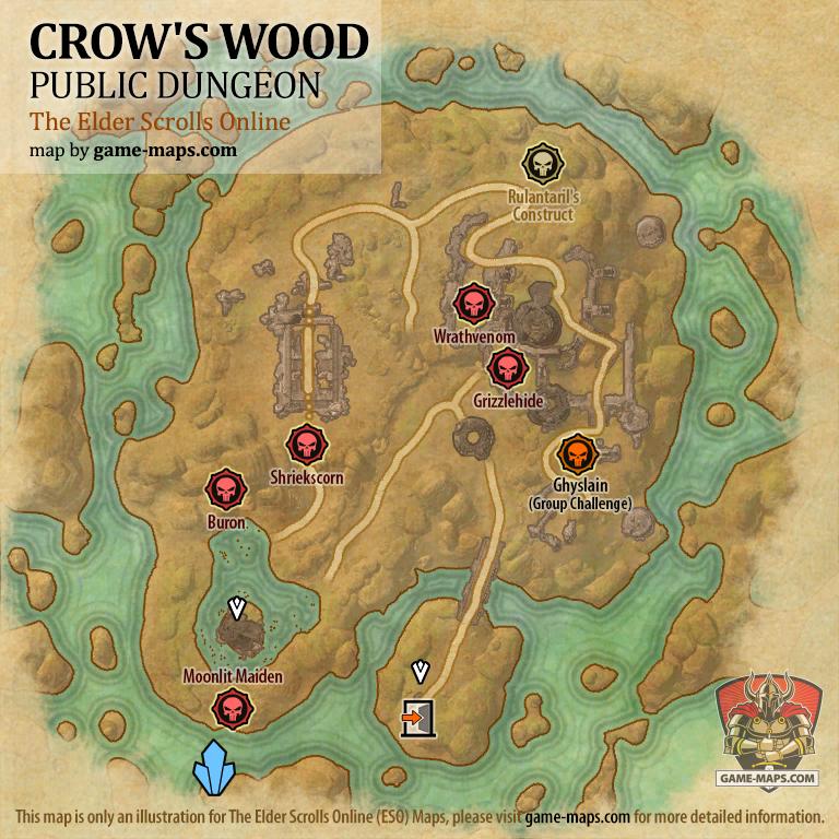 ESO Crow's Wood Public Dungeon Map with Skyshard and Bosses location in Stonefalls