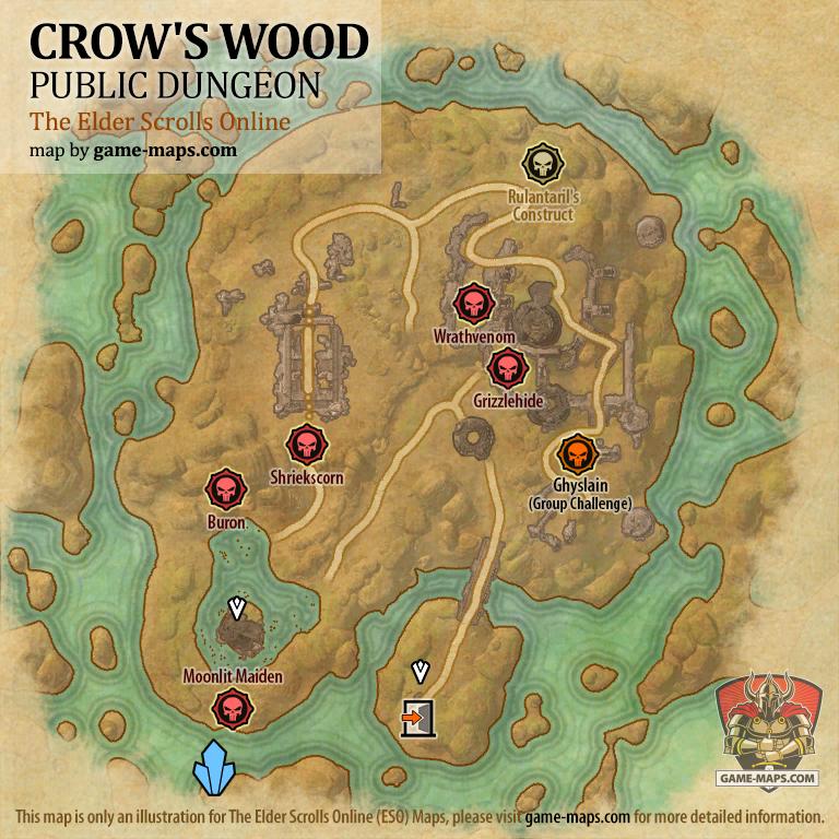 Map of Crow's Wood Public Dungeon located in Stonefalls ESO with Skyshard and Bosses.