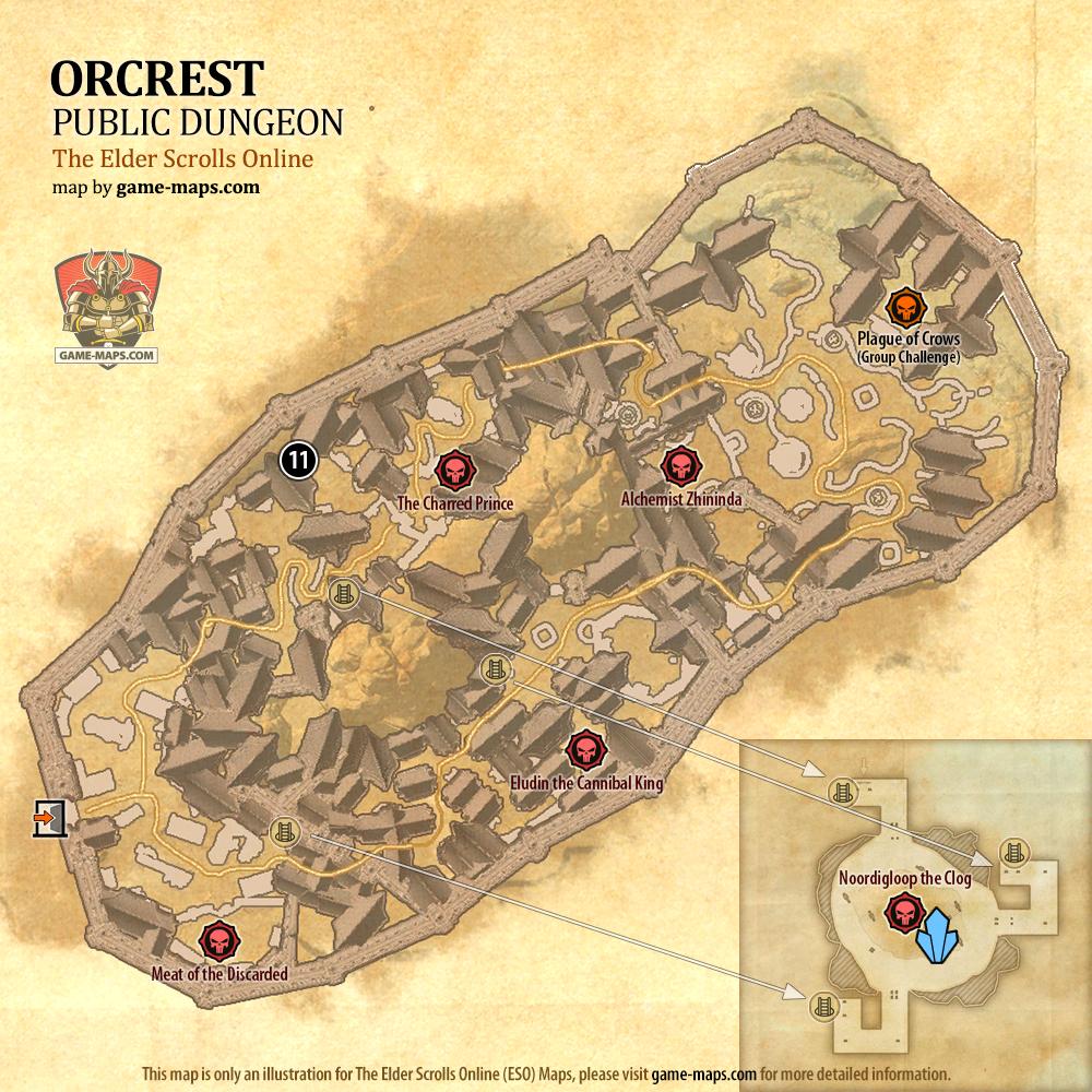 ESO Orcrest Public Dungeon Map with Skyshard and Bosses location in