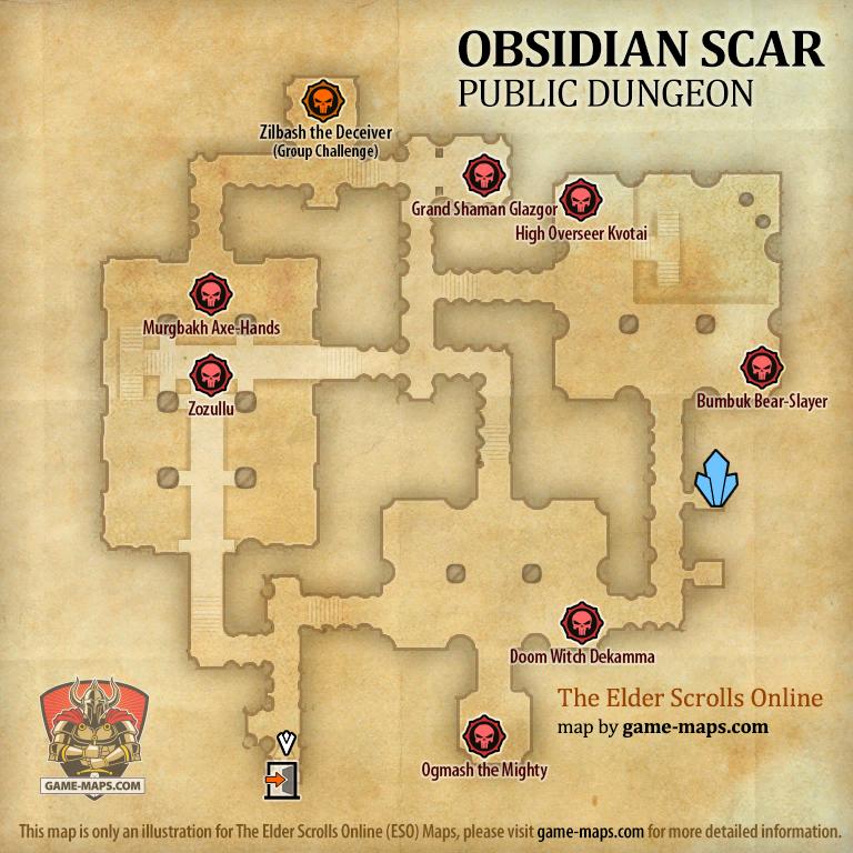 ESO Obsidian Scar Public Dungeon Map with and Bosses location in Rivenspire