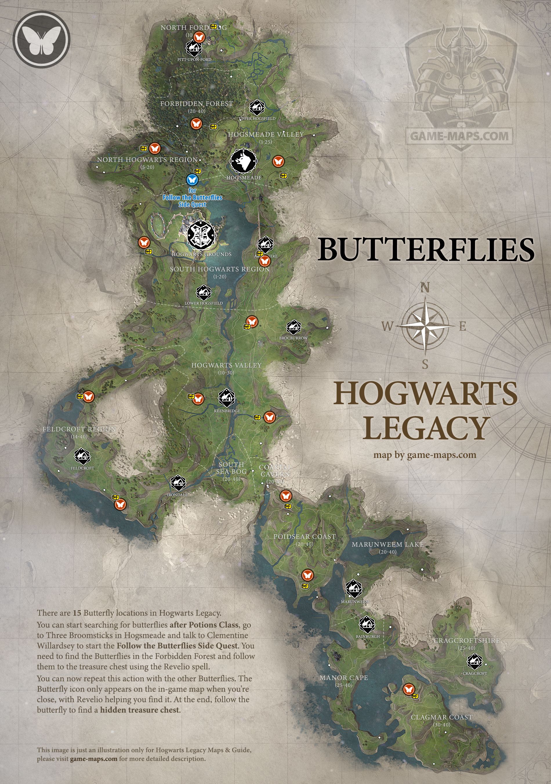 Borboletas no mapa herdado de Hogwarts Hogwarts Legacy