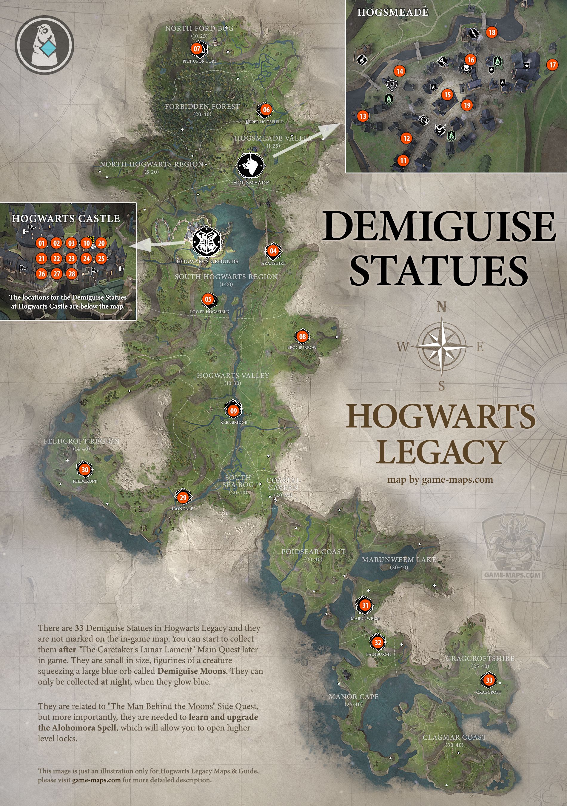 Demiguidade estátuas no mapa legado de Hogwarts Hogwarts Legacy