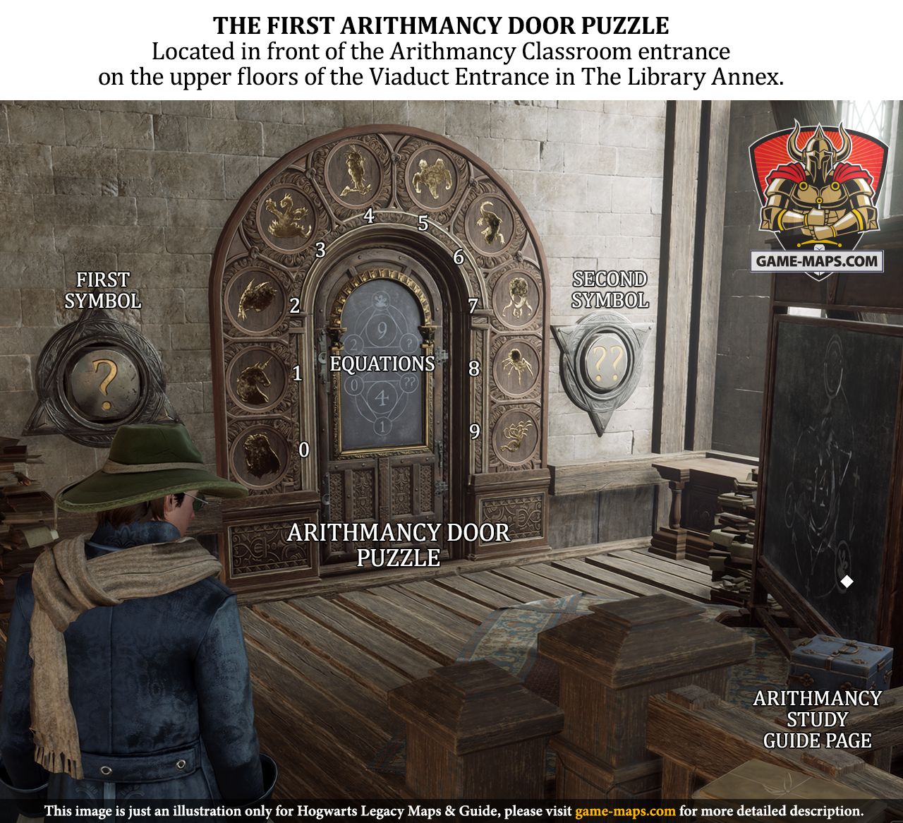 The first Arithmancy Door Puzzle The first Arithmancy Door Puzzle located in front of the Arithmancy Classroom entrance on the upper floors of the Viaduct Entrance in The Library Annex. - Hogwarts Legacy