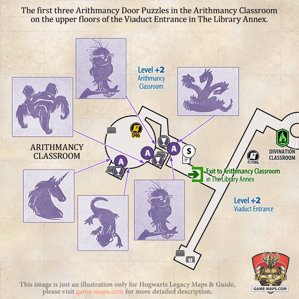 Arithmancy Door Puzzle Solution in Arithmancy Classroom  The first three Arithmancy Door Puzzles in the Arithmancy Classroom on the upper floors of the Viaduct Entrance in The Library Annex. - Hogwarts Legacy