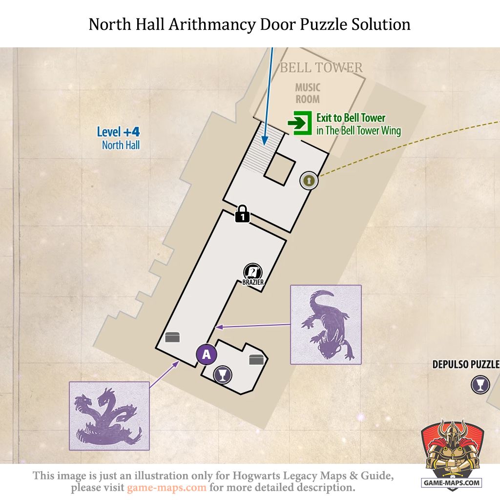 Arithmancy Door Puzzle Solution in North Hall Arithmancy Door Puzzle in North Hall is located on fourth floor (top) of North Hall. - Hogwarts Legacy