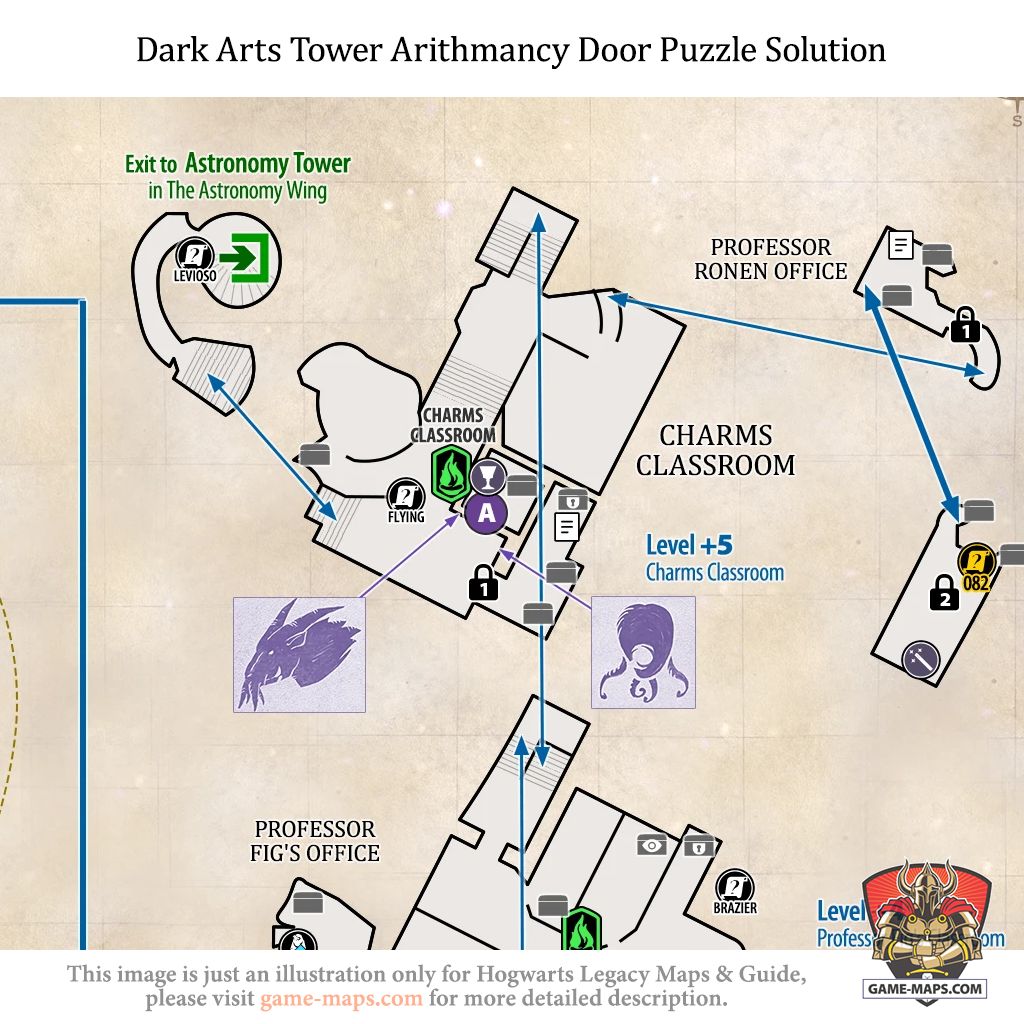 Arithmancy Door Puzzle Solution in Dark Arts Tower Arithmancy Door Puzzle in Dark Arts Tower is located on fifth floor of Dark Arts Tower near Charms Classroom. - Hogwarts Legacy