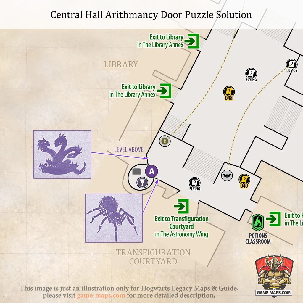 Arithmancy Door Puzzle Solution in Central Hall Arithmancy Door Puzzle in Central Hall is located on the lowest level, in the southern part, at the entrance to the Transfiguration Courtyard. - Hogwarts Legacy