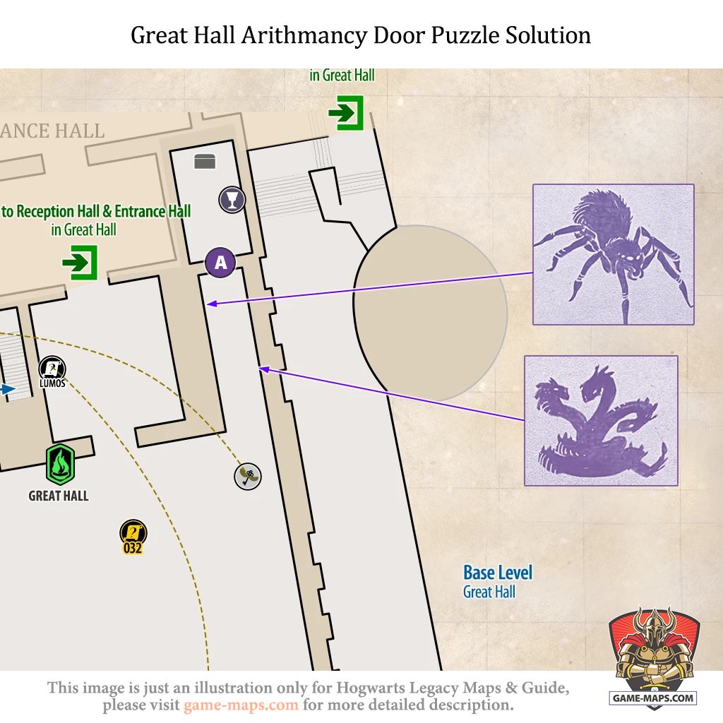 Arithmancy Door Puzzle Solution in Great Hall Arithmancy Door Puzzle in Great Hall is located on base level of Great Hall in NE part. - Hogwarts Legacy