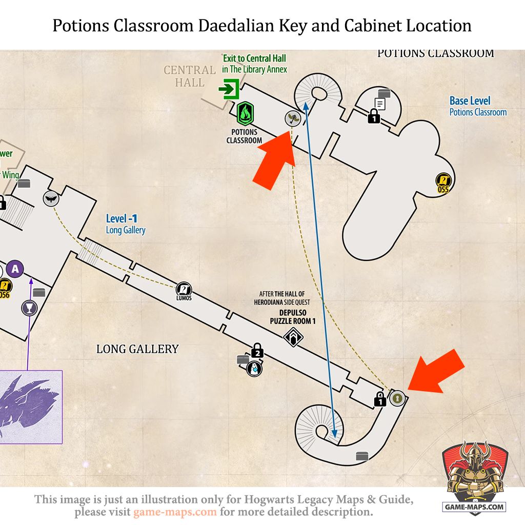 Daedalian Key and Cabinet Location in Potions Classroom Daedalian Key in Potions Classroom is located near entrance to Potions Classroom. Cabinet in Potions Classroom is located level below in begining of Long Gallery. - Hogwarts Legacy