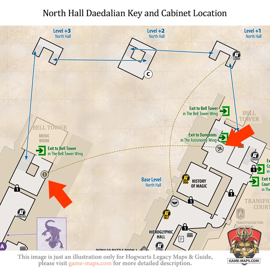 Daedalian Key and Cabinet Location in North Hall Daedalian Key in North Hall is located on base level of North Hall near entrance to Dungeons. Cabinet in North Hall is located on level +4 (top) of North Hall. - Hogwarts Legacy