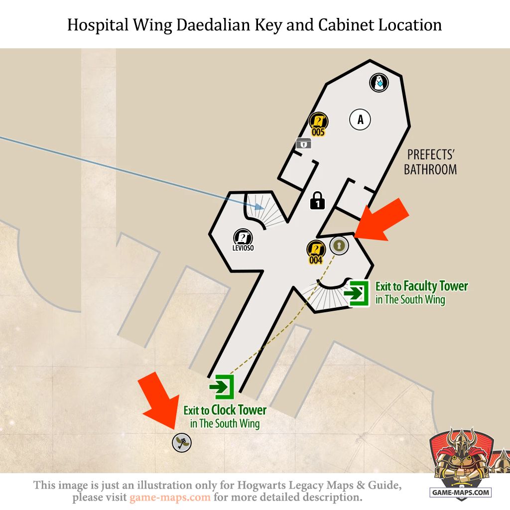 Daedalian Key and Cabinet Location in Hospital Wing Daedalian Key in Hospital Wing is near entrance to Hospital Wing Lower Level from Clock Tower. Cabinet in Hospital Wing is located on lower level of Hospital Wing. - Hogwarts Legacy