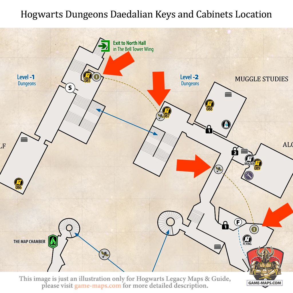 Daedalian Keys and Cabinets (2) Location in Dungeons DThere are 2 Daedalian Keys and Cabinets in Hogwarts Dungeons. Daedalian Keys and Cabinets in Dungeons are located on level -1 and -2 of Dungeons. - Hogwarts Legacy