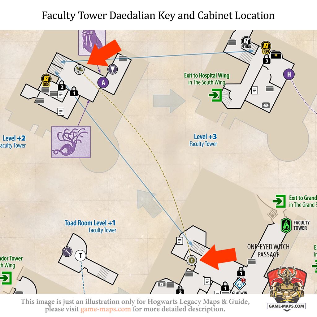 Daedalian Key and Cabinet Location in Faculty Tower Daedalian Key and Cabinet in Faculty Tower are located on level +1 and +2 of Faculty Tower. - Hogwarts Legacy
