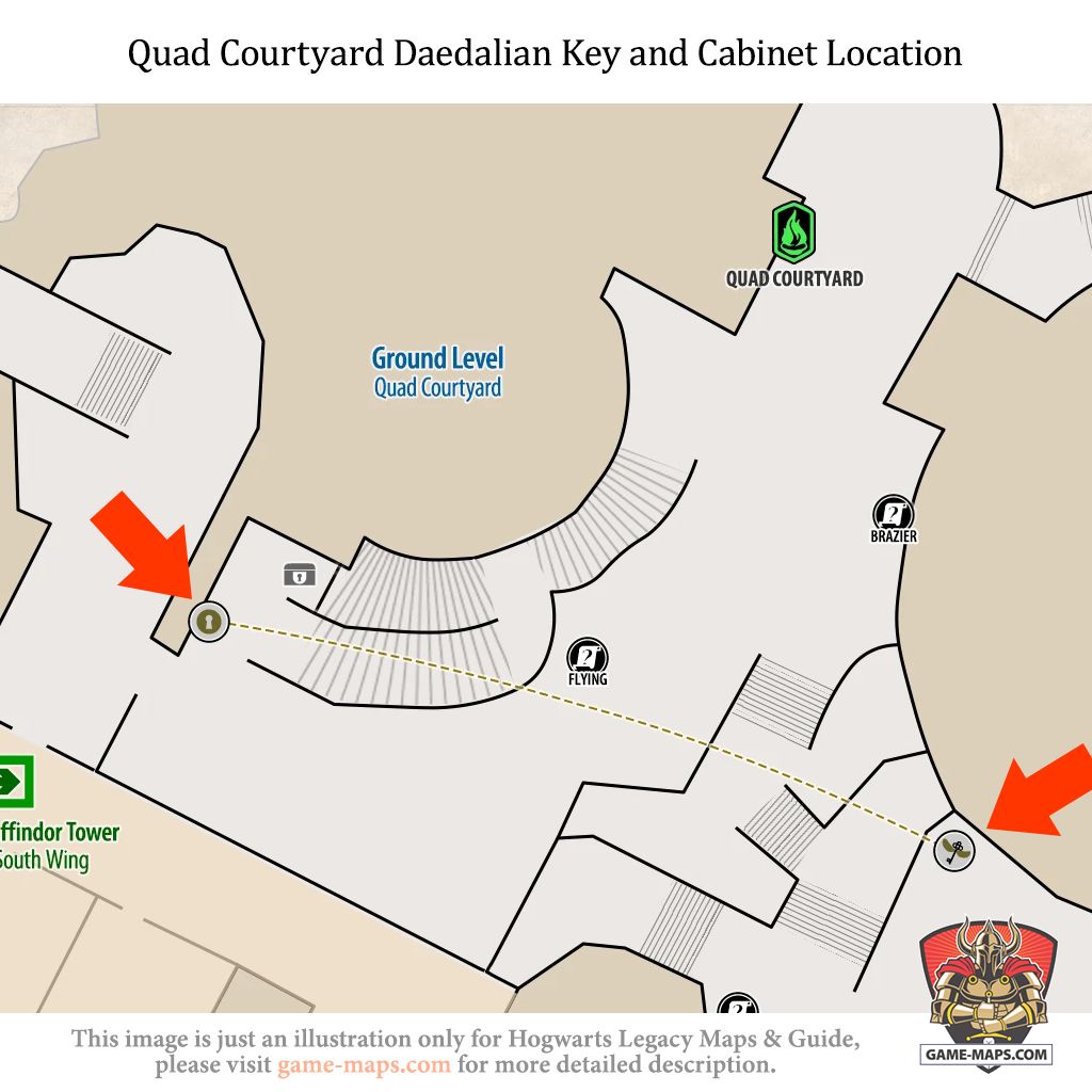 Daedalian Key and Cabinet Location in Quad Courtyard Daedalian Key and Cabinet in Quad Courtyard are located on base level of Quad Courtyard. - Hogwarts Legacy