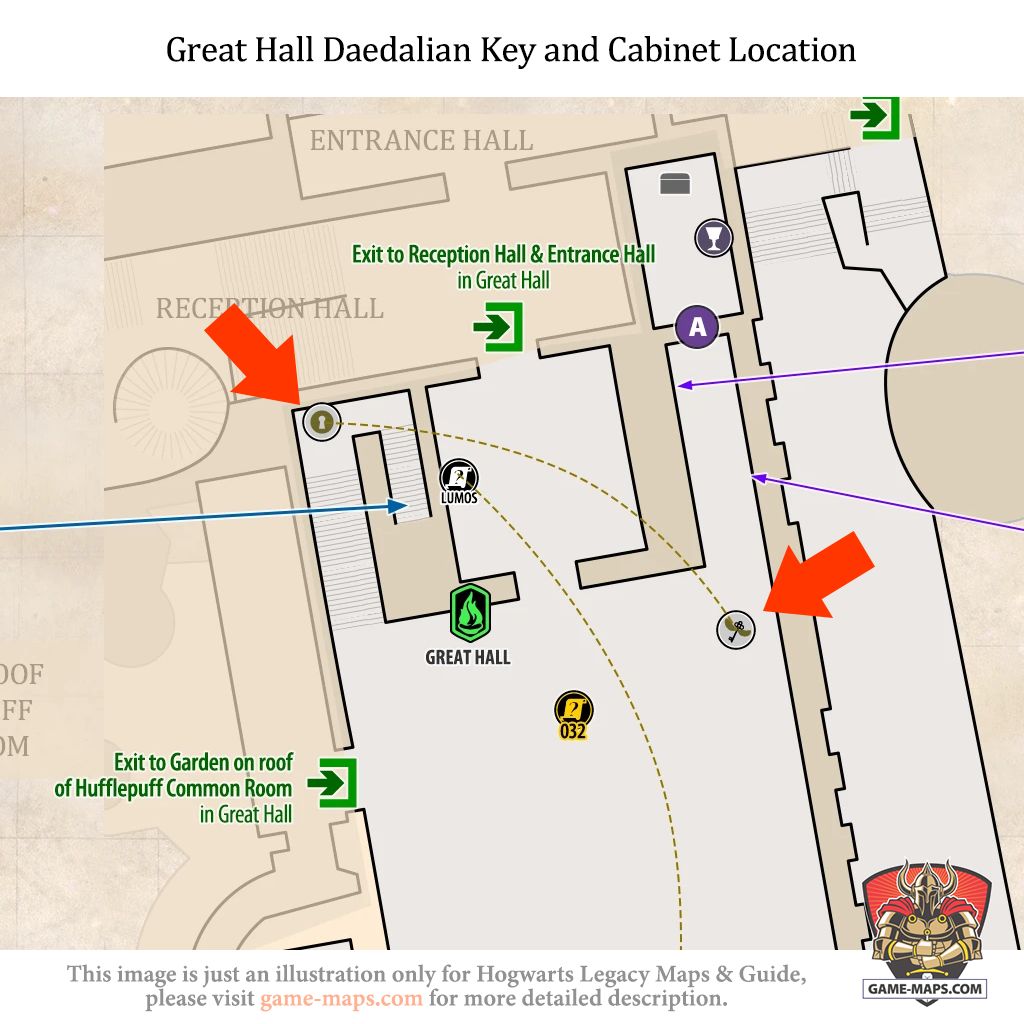 Daedalian Key and Cabinet Location in Great Hall Daedalian Key and Cabinet in Great Hall are located on base level of Great Hall. - Hogwarts Legacy