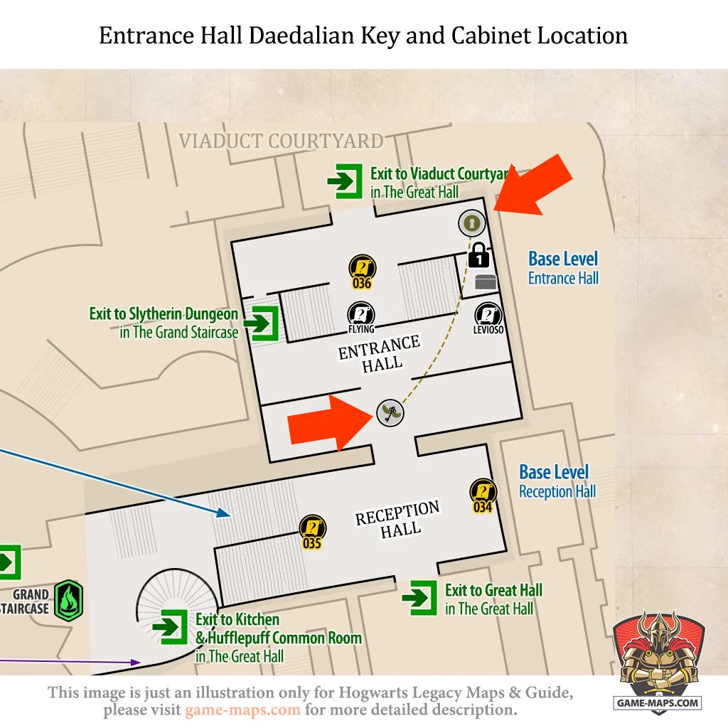 Daedalian Key and Cabinet Location in Entrance Hall Daedalian Key and Cabinet in Entrance Hall are located on base level of Entrance Hall. - Hogwarts Legacy