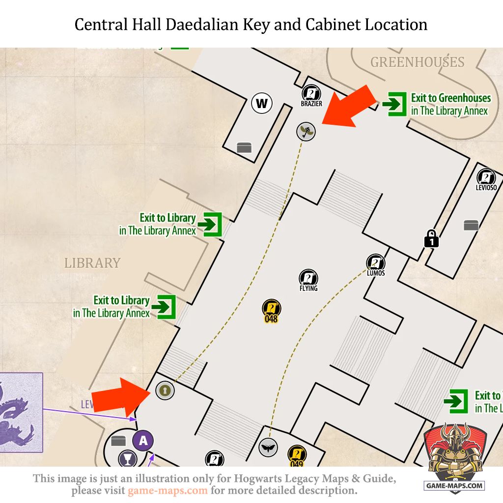 Daedalian Key and Cabinet Location in Central Hall Daedalian Key and Cabinet in Central Hall are located on base level of Central Hall. - Hogwarts Legacy
