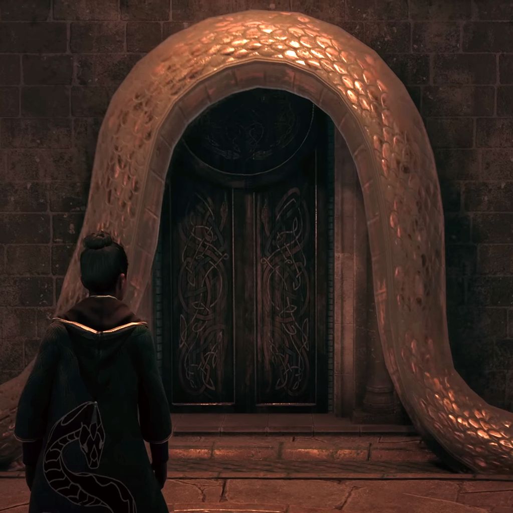Entrance to Slytherin Common Room Entrance is hidden behind a bare section of stone wall, door appears after saying the password. - Hogwarts Legacy