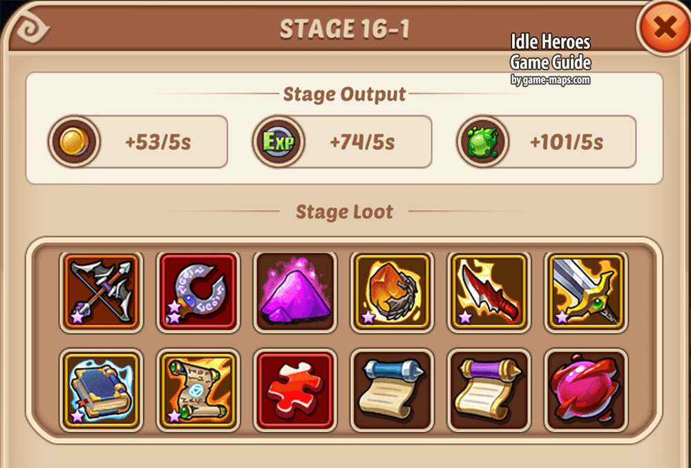 Possible Loot for current Stage Idle Heroes Game Guide