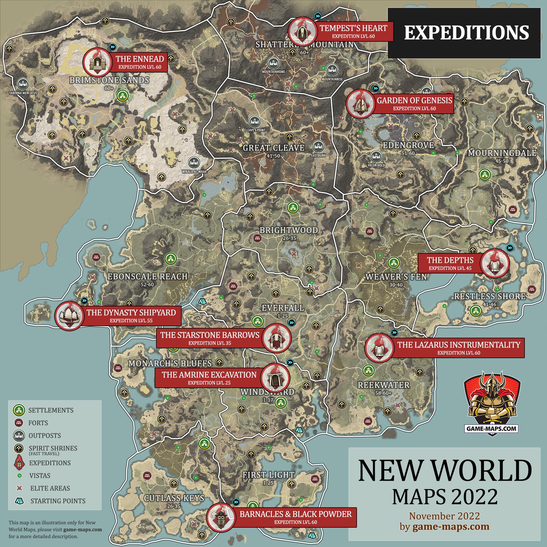 Map of Expeditions Location in Aeternum for New World MMO, The Amrine Excavation, The Starstone Barrows, The Depths, The Dynasty Shipyard, Garden of Genesis, The Lazarus Instrumentality