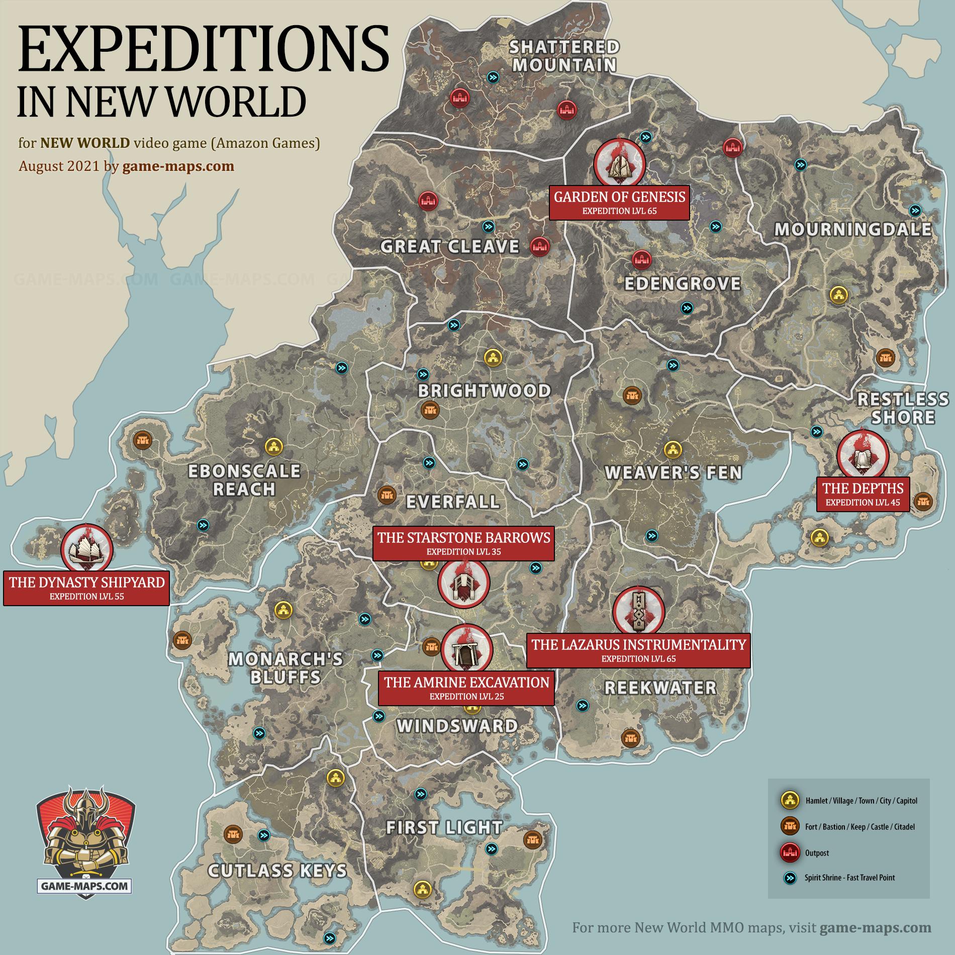 Map of Expeditions Location in Aeternum for New World MMO, The Amrine Excavation, The Starstone Barrows, The Depths, The Dynasty Shipyard, Garden of Genesis, The Lazarus Instrumentality