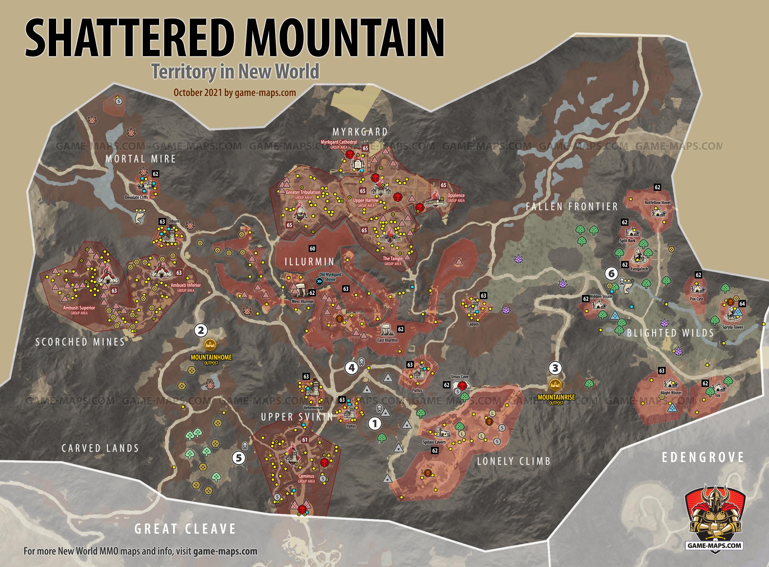 Shattered Mountain Territory Map for New World MMO New World Map Shattered Mountain Territory